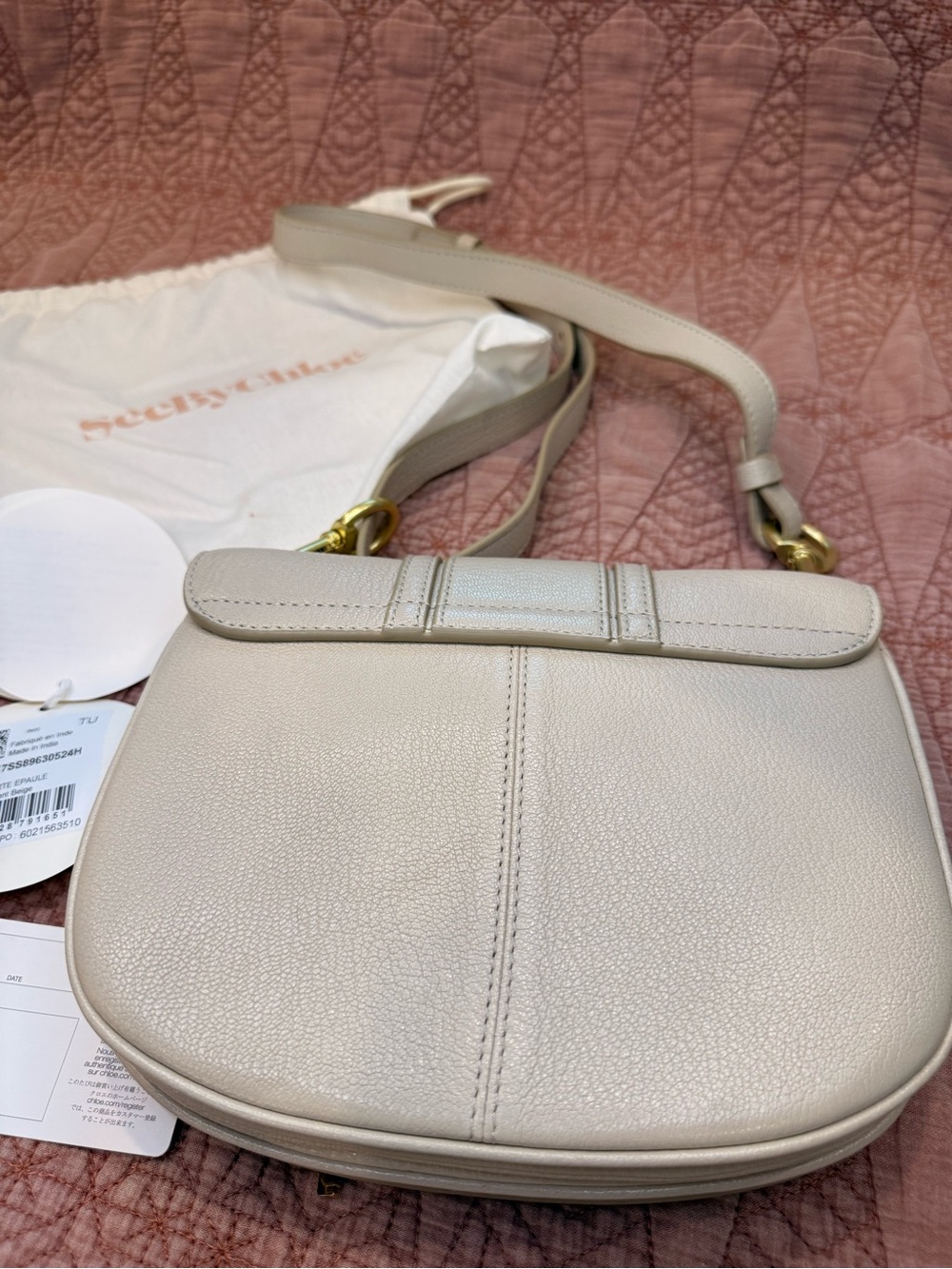 See by Chloé Mini Hana Crossbody Cement Beige Leather Gold Ring Dust Bag - Picture 6 of 11